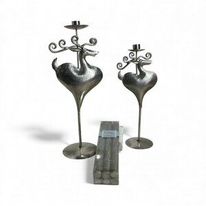 Silvertone Etched Reindeer Candlestick Holders with Box of 6 Candlesticks